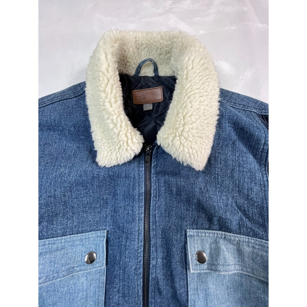 ASOS Mens S Jacket Blue Denim Patch Corduroy‎ Deep Pile Fleece Collar Lined - Picture 4 of 10